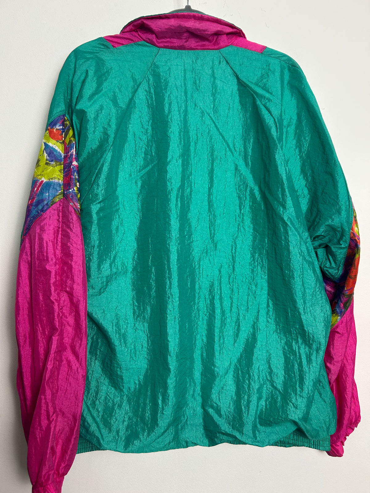 Vintage 1980s Up To Size 14/16 LANVIN'S Pink Green Blue Abstract Print Shell Suit Jacket