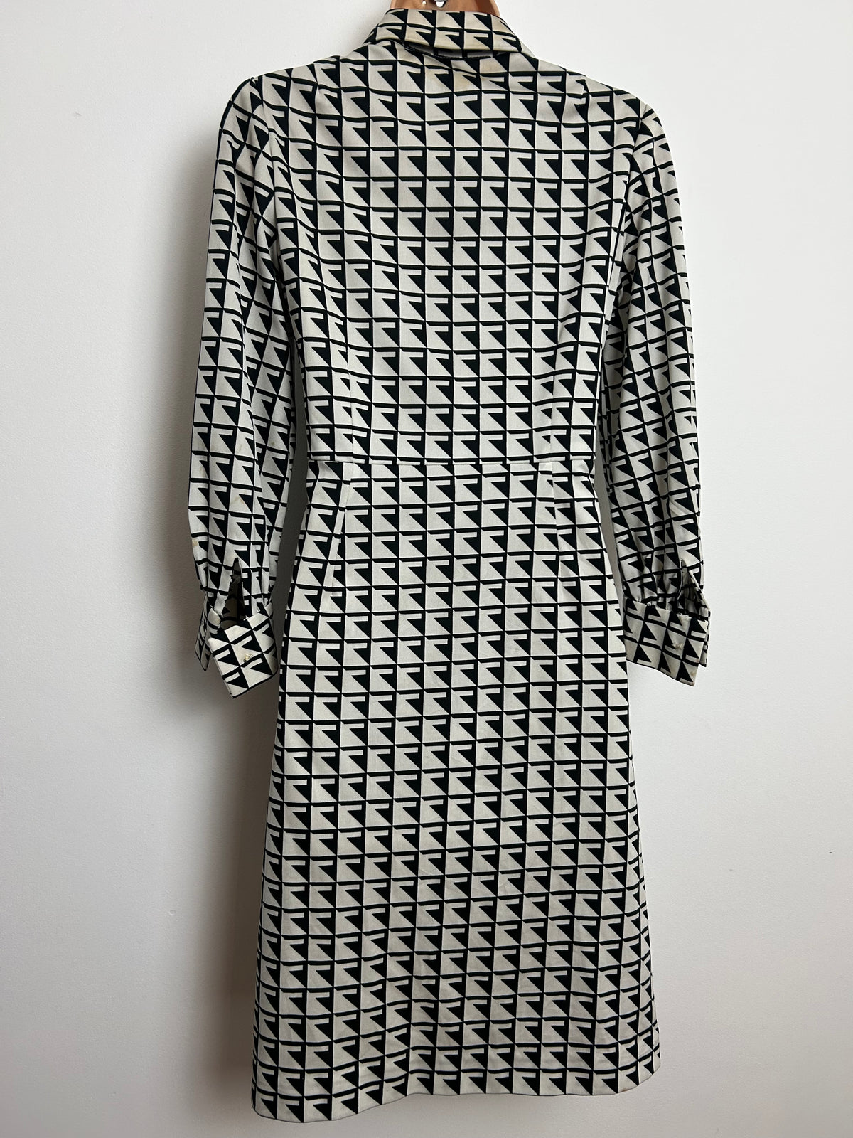 Vintage 1970s FASHION LADY Size 10 White & Black Geo Check Print Long Sleeve Day Dress