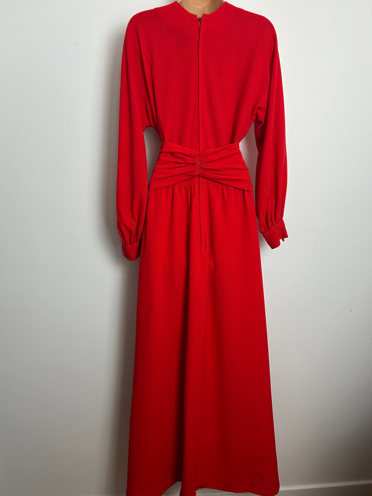 Vintage Early 1970s JEAN ALLEN Size 8 Red Long Dolman Sleeve Cummerbund Belted Occasion Maxi Dress