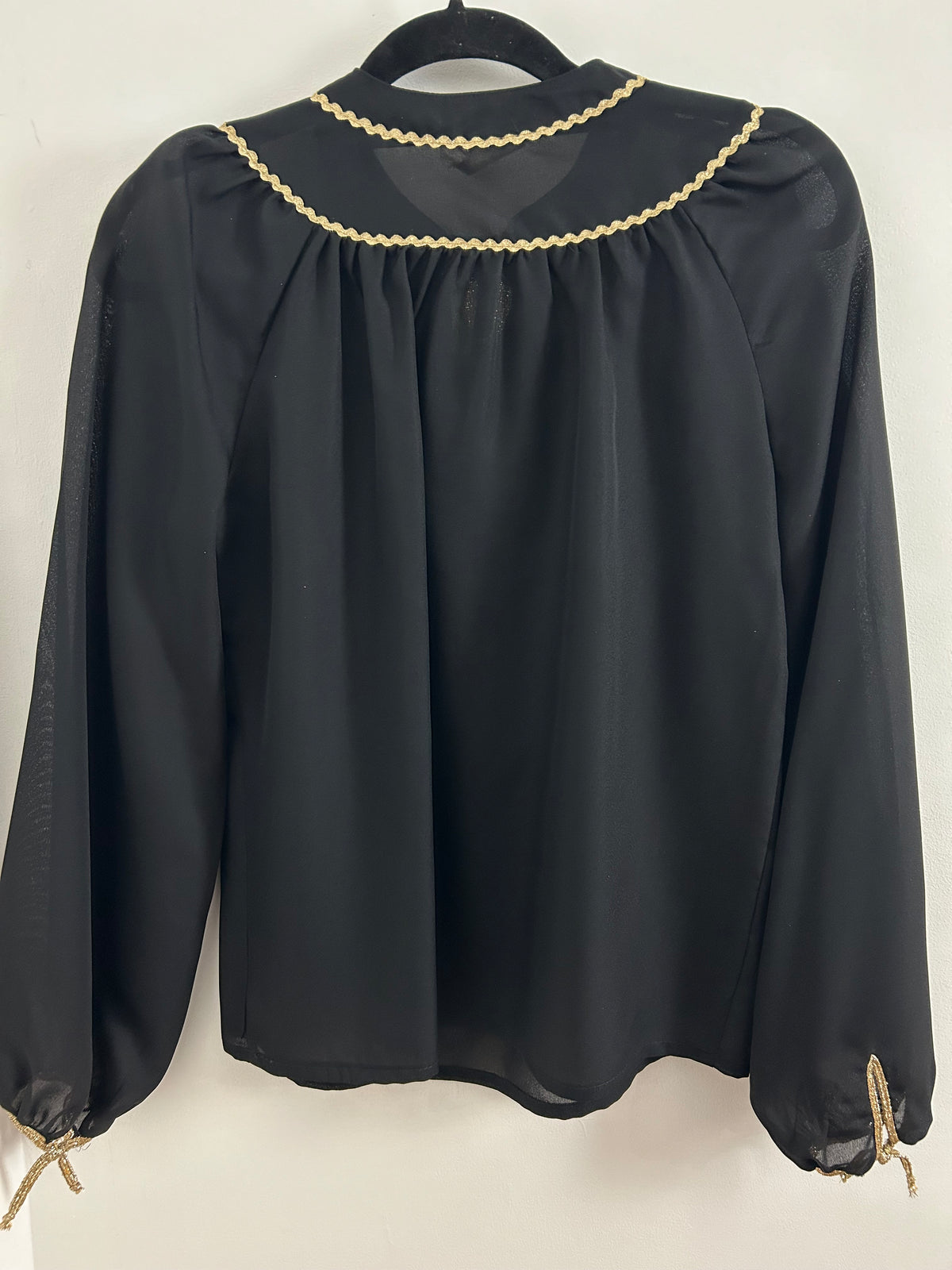 Vintage 1980s CECILE DE REVE UK Size 10-12 Black Semi Sheer Chiffon Gold Ric Rac Trim Blouse