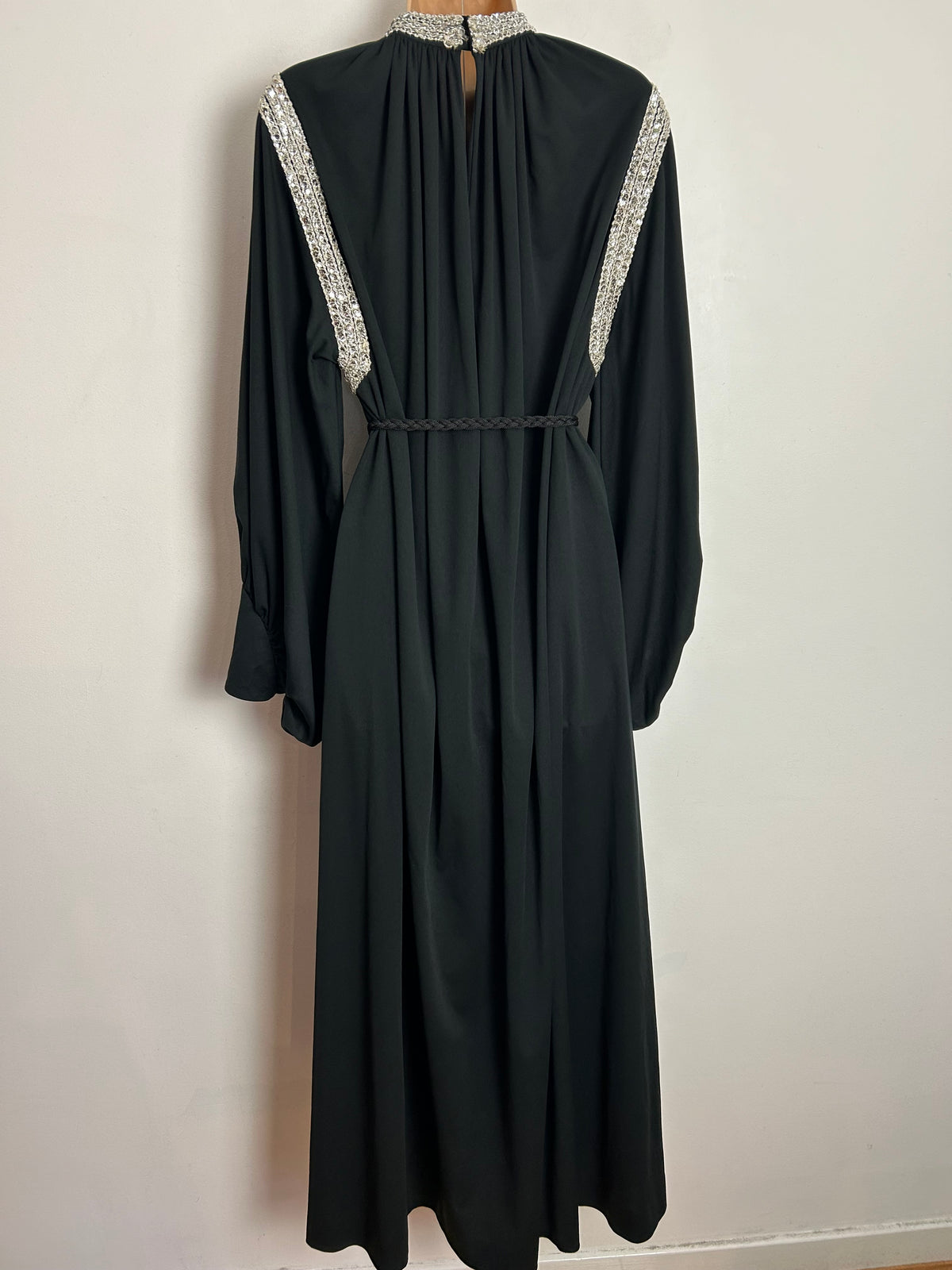 Vintage 1970s UK Size 14-16 Black Silver Braid & Sequin Trim Balloon Cuffed Sleeve Belted Occasion Evening Maxi Dress
