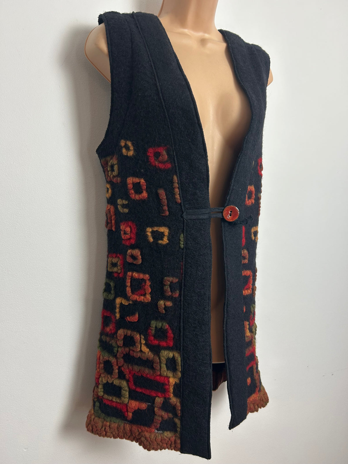 Vintage Size 12-14 Very Dark Grey Multi Square Pattern Wool Long Length Waistcoat