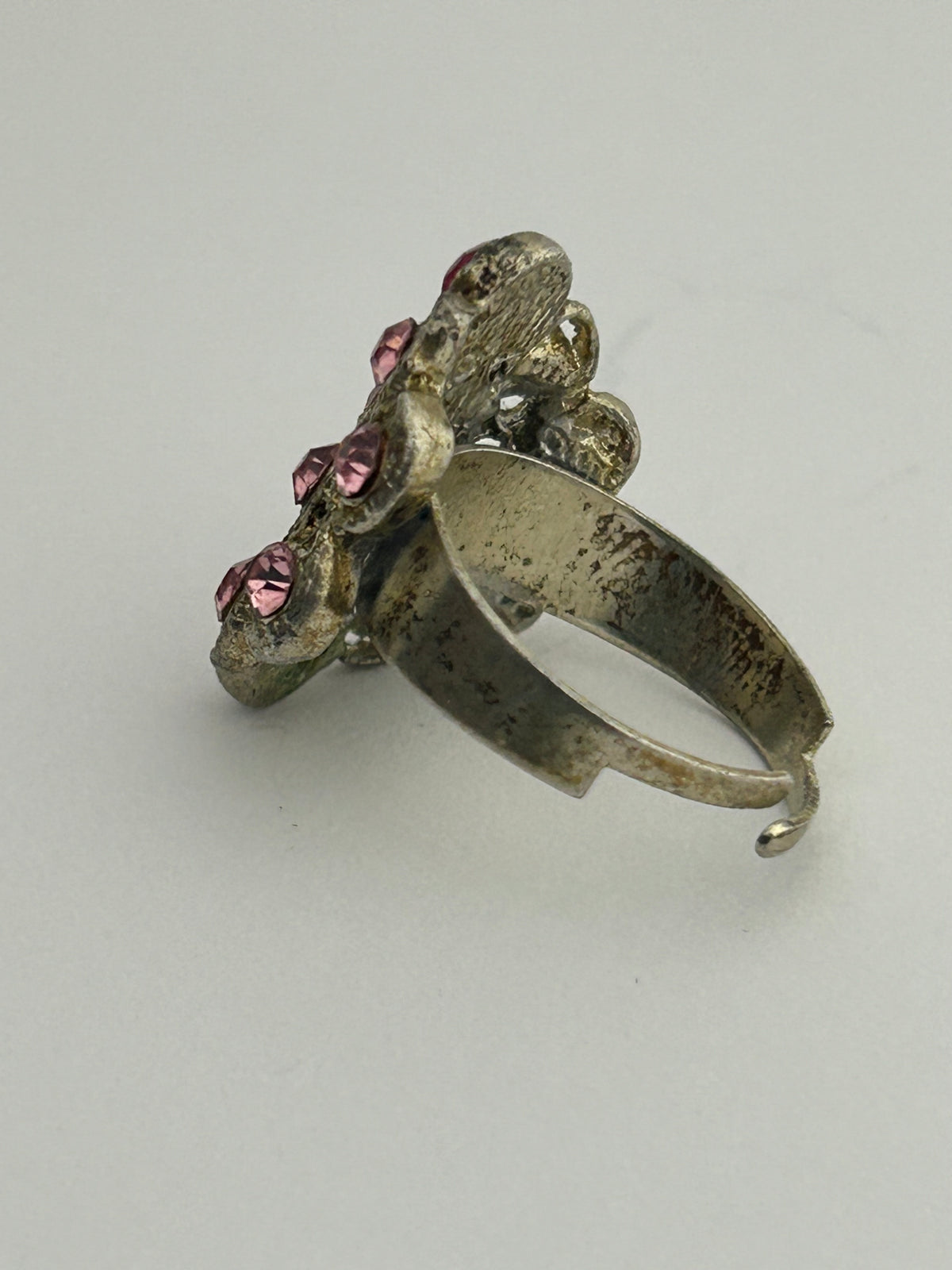 Vintage Silver Tone Metal & Purple Pink Diamante Stone Set Adjustable Ring Up To UK Size U