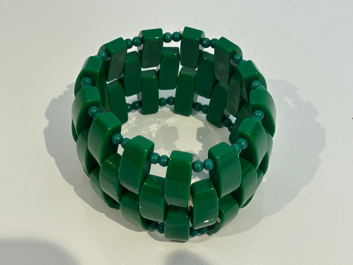 Vintage Dark Green Plastic Bead Wide Stretchy Elasticated Bracelet