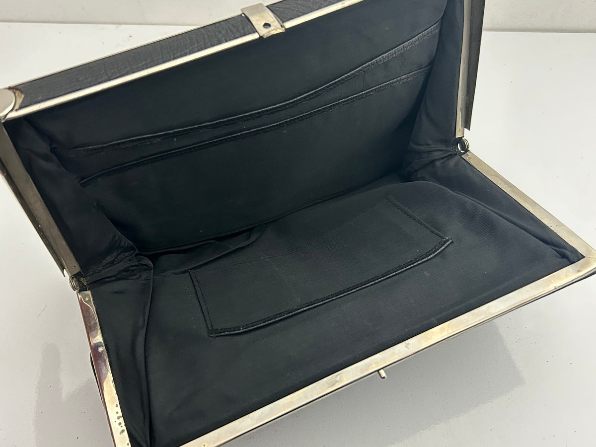 Vintage 1940s Black Leather Mock Reptile Framed Clutch Bag With Hand Strap
