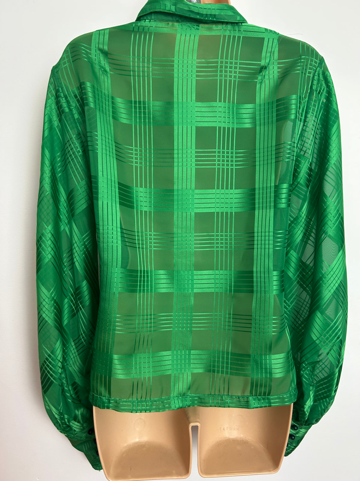 Vintage Early 1980s Size 14 Emerald Green Check Pattern Long Sleeve Shirt