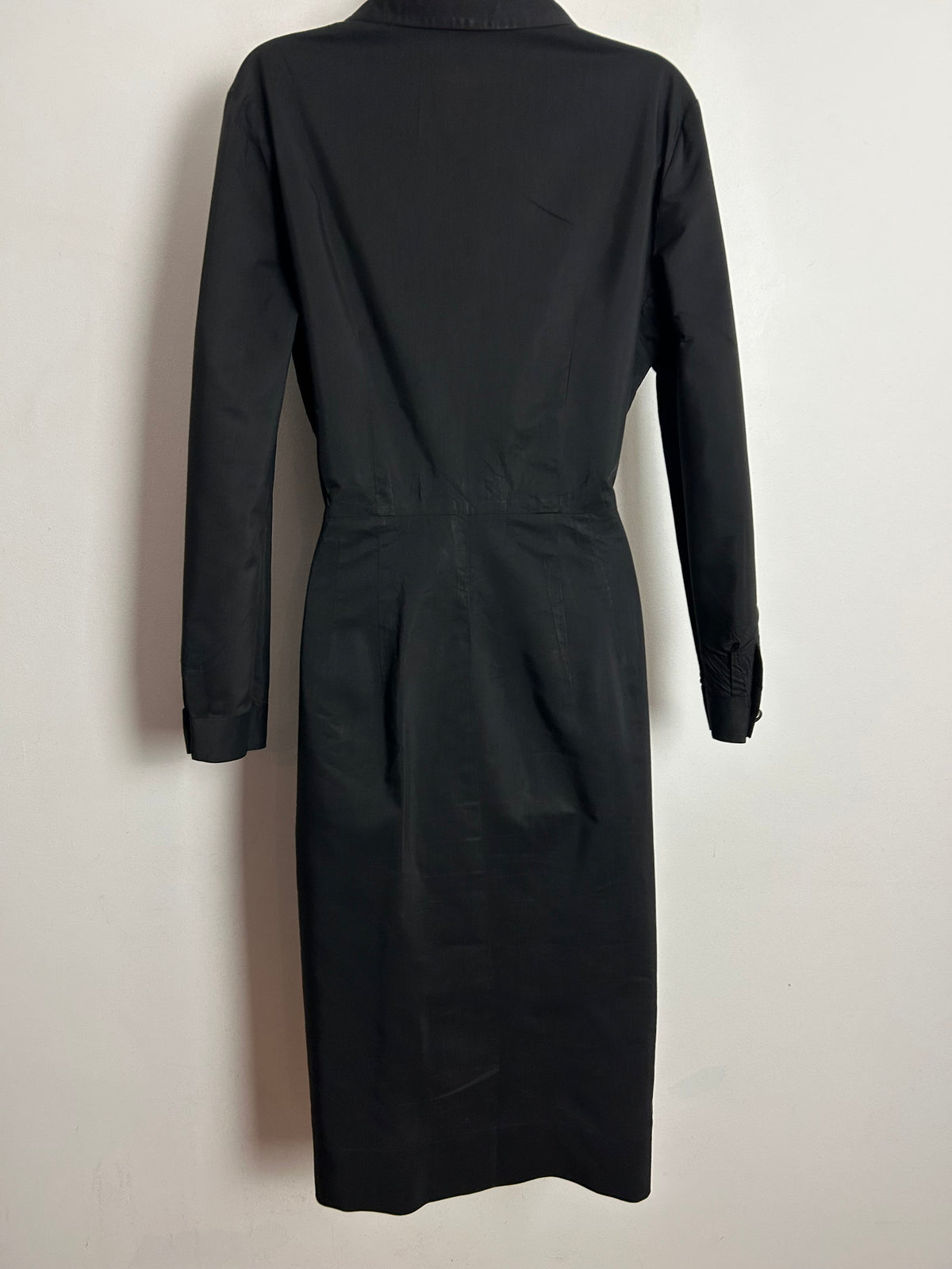 Vintage 1950s ALFRED SHAHEEN UK Size 12 Black Polished Cotton Long Sleeve Fitted Dress