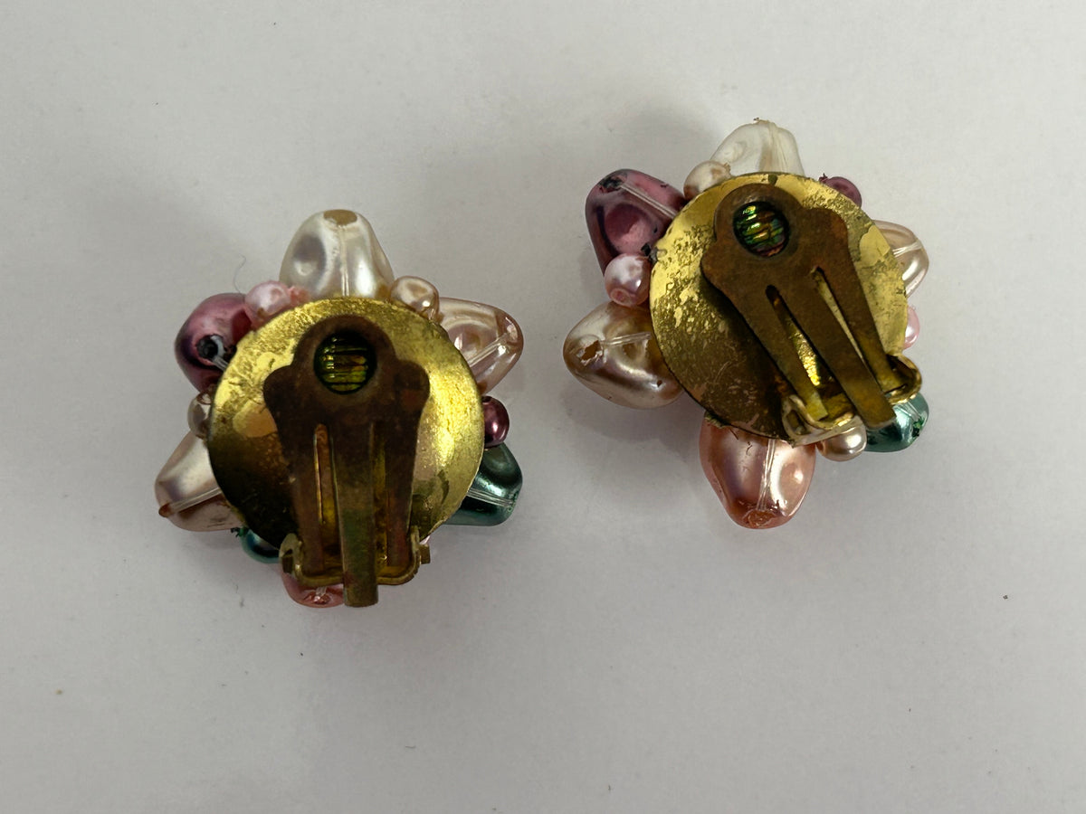 Vintage 1960s Cute Little Pastel Colour Beaded Flower Clip On Earrings