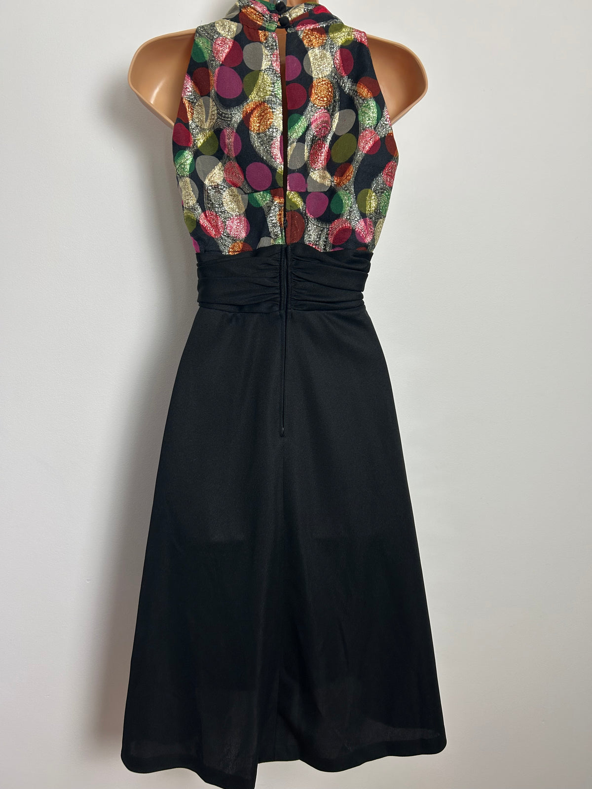 Vintage 1970s Size 6-8 Black Green Purple Maroon & Gold Lurex Spot Pattern Evening Party Dress
