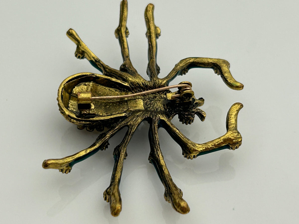 Vintage Gold Tone Green Enamel & Diamante Set Large Spider Pin Brooch