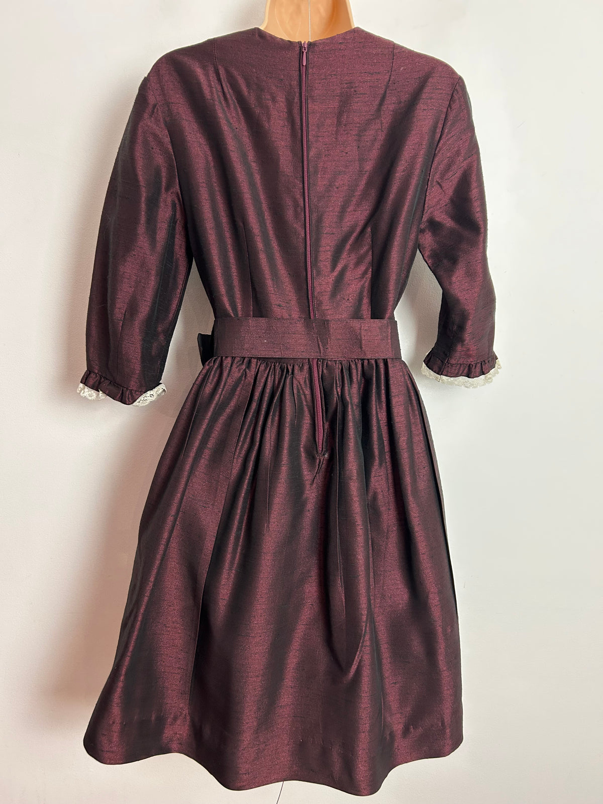 Vintage 1960s UK Size 8 Dark Plum Purple Lace Trim Belted Pleated Dress