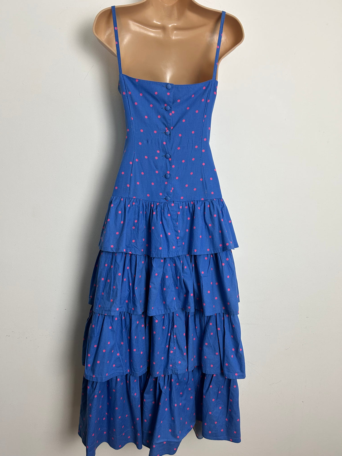 Vintage 1980s LAURA ASHLEY Size 8 (Size 12 On Label) Blue & Pink Polka Dot Print Layered Cotton Summer Dress