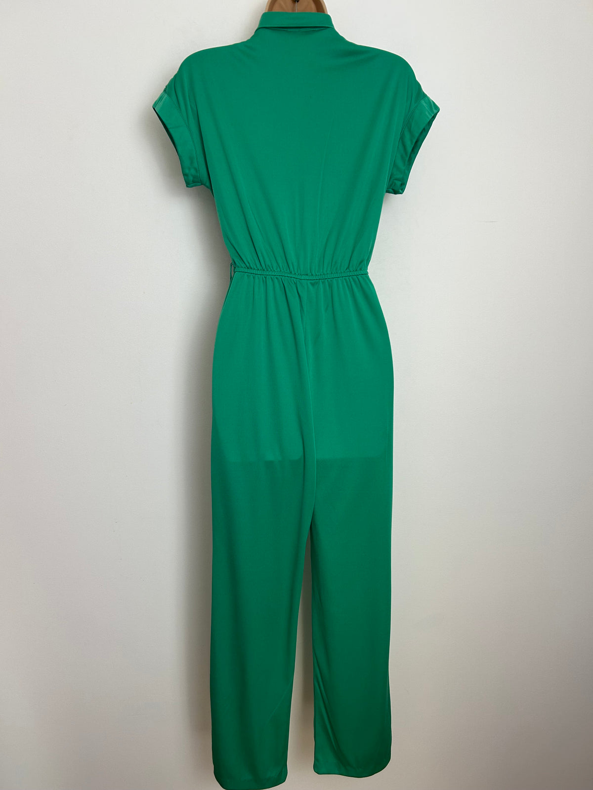 Vintage Late 70s/Early 80s Size 10 Green Ruched Shoulder Detail Short Sleeve Straight Leg Jumpsuit