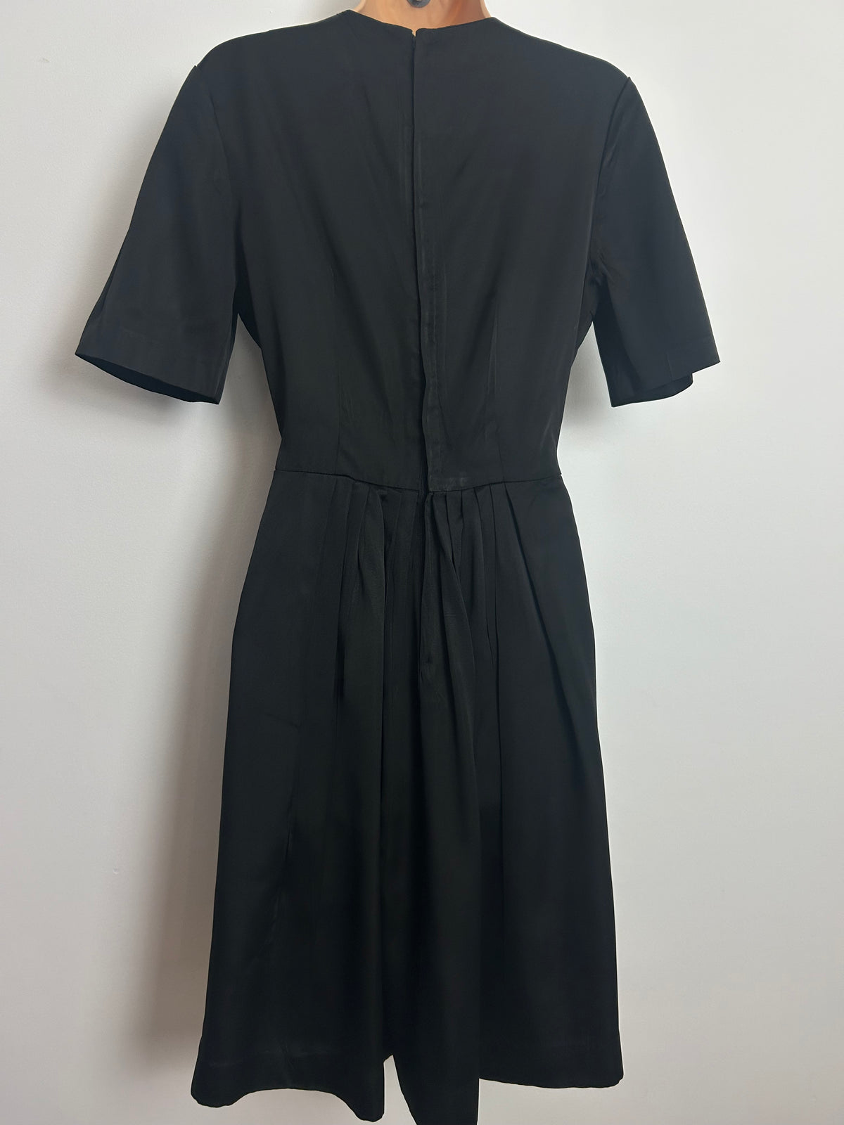 Vintage Early 1960s Size 10 Black Satin Velvet Trim & Bow Detail Pleated Mod Dress