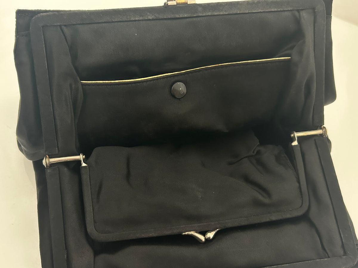 Vintage Early 1950s WALDYBAG Black Velvet Hand Painted Silver & Gold Floral Pattern Cocktail Handbag