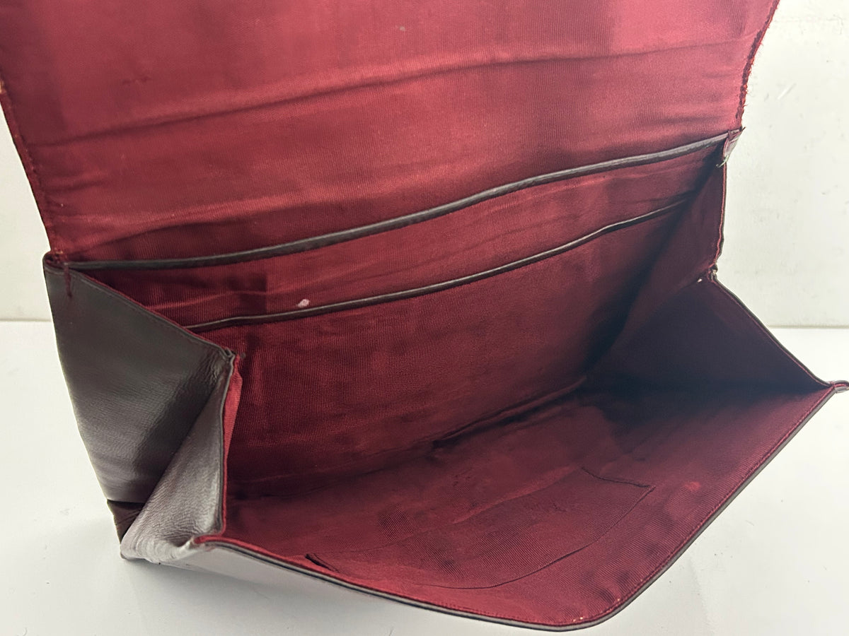 Vintage 1940s Dark Reddish Brown Real Leather Clutch Handbag With Hand Strap