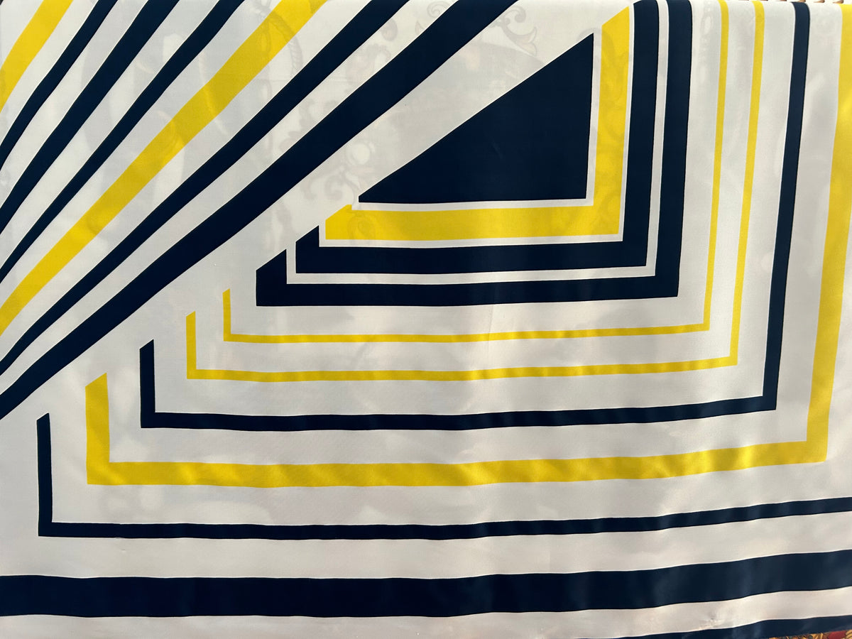 Vintage ROMANO White Navy Blue & Yellow Stripe Print Polyester Scarf 88cm x 92cm