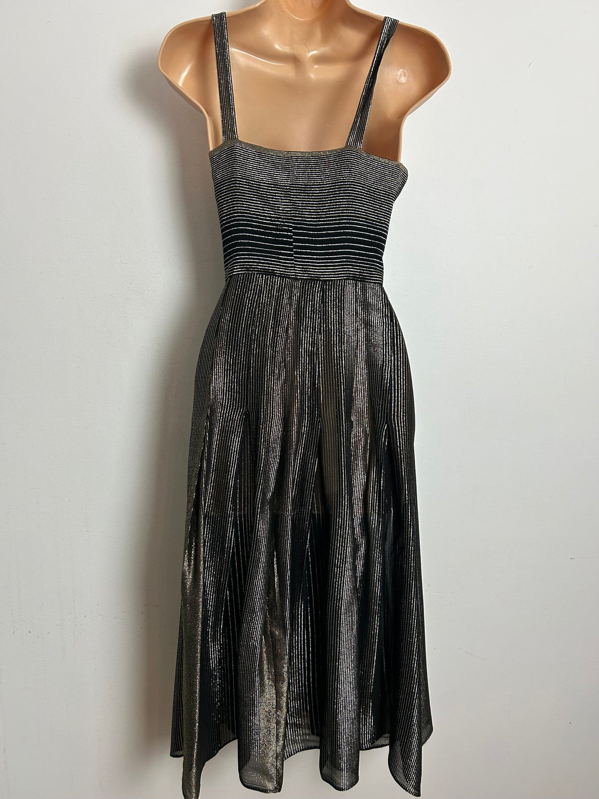 Vintage RARE 1970s SUJON Size 6 Black Pinstripe Lurex Christmas Party Evening Dress