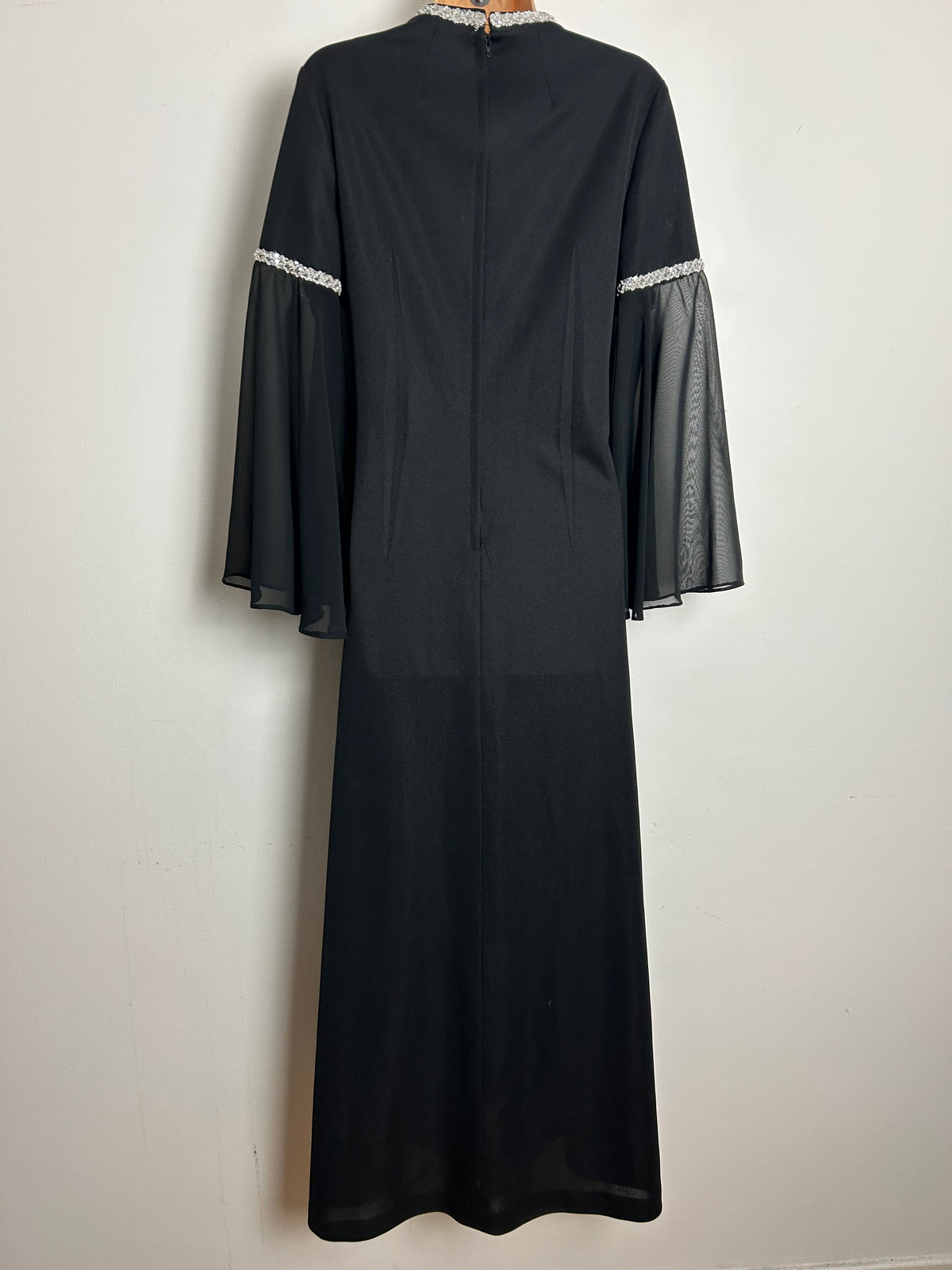 Vintage 1970s CLIFTON Size 14 Black & Silver Braid Trim Flared Chiffon Sleeve Evening Maxi Dress