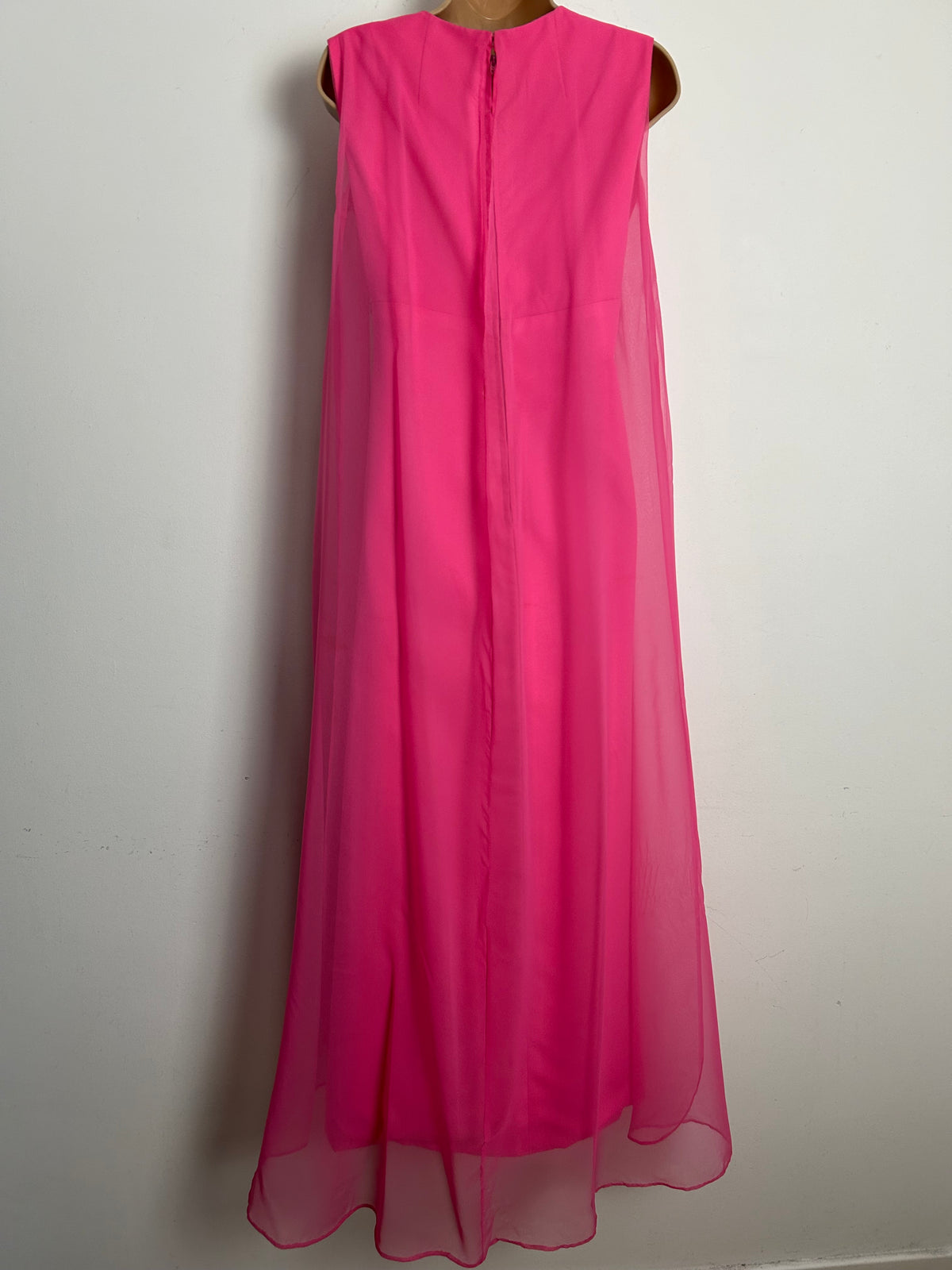 Vintage 1960s Size 8-10 Candy Pink Sequin & Droplet Bead Embellished Cape Layer Occasion Maxi Dress