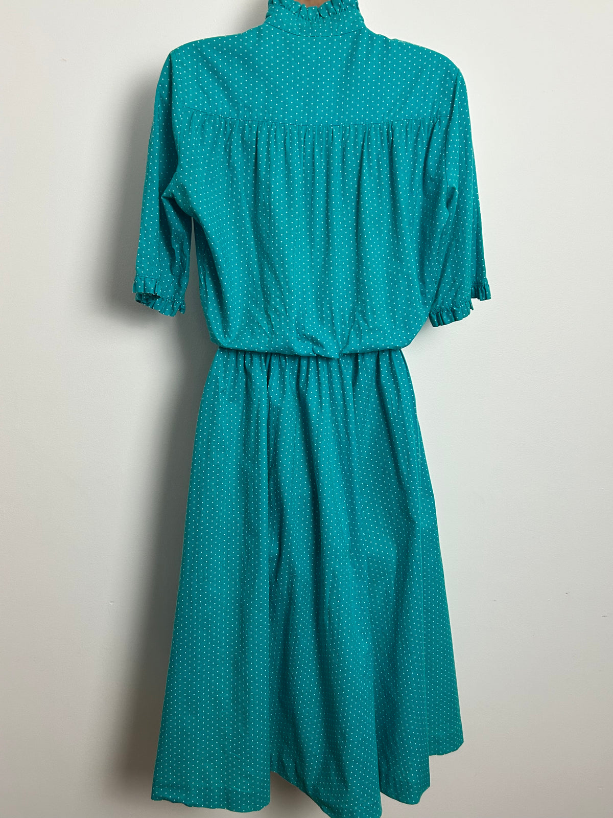 Vintage 1980s LAURA ASHLEY Size 10 Dark Turquoise & White Polka Dot Cotton Tea Dress