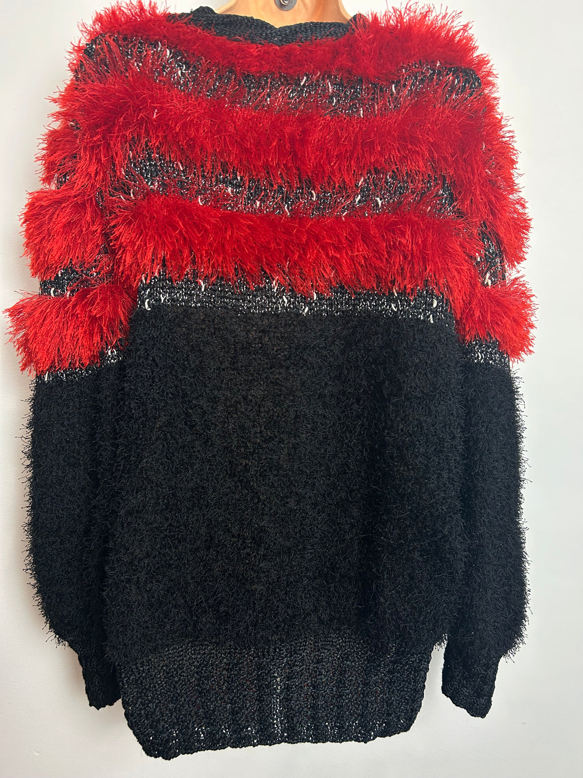 Vintage 1980s Size 10 Red & Black Sequin Applique Detail Fuzzy Fluffy Extreme Jumper