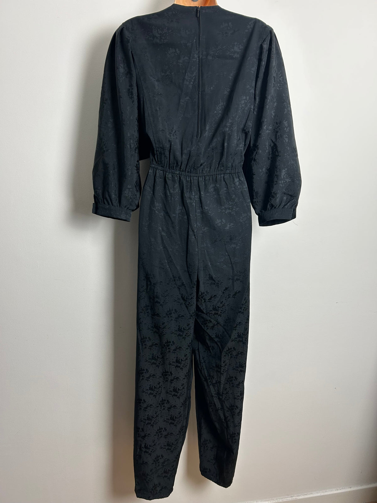 Vintage 1980s YOUR SIXTH SENSE Size 14 Black Abstract Pattern Bat Wing Sleeve Tapered Leg Jumpsuit