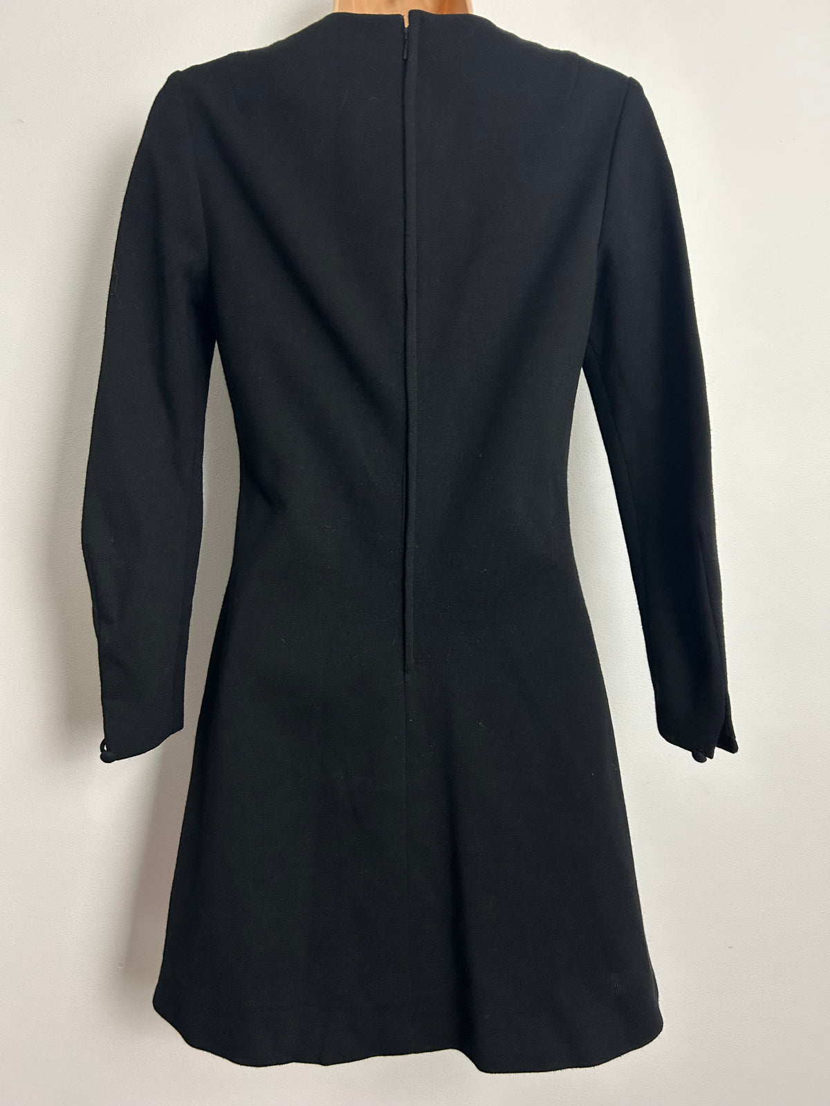 Vintage 1960s ALAINE Size 6-8 Black Floral Embroidered & Bead Embellished Pure New Wool Mini Mod Dress