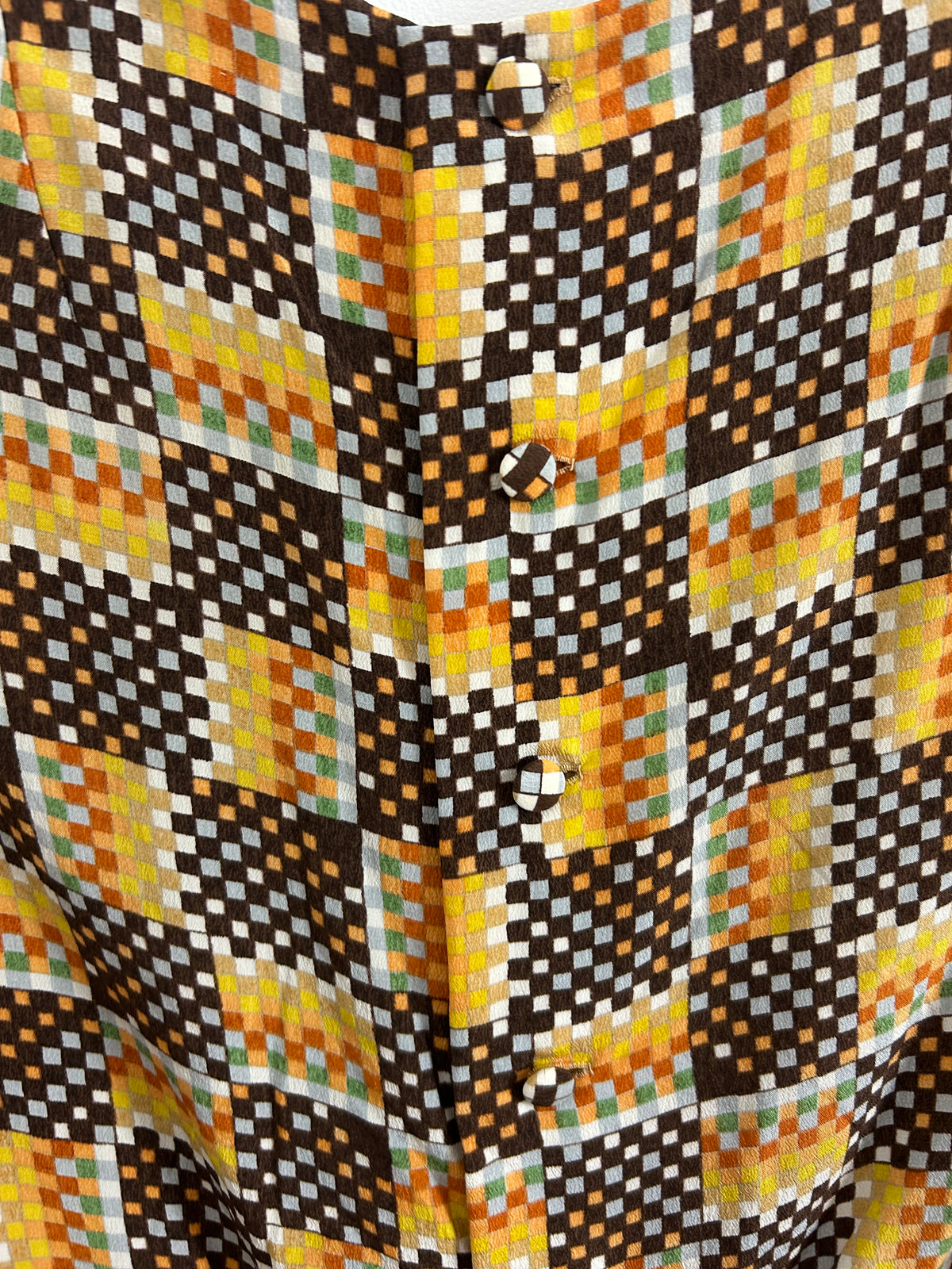 Vintage 1970s Size 10 Brown Mustard Rust Mix Square Grid Print Silk Button Back Blouse/Top
