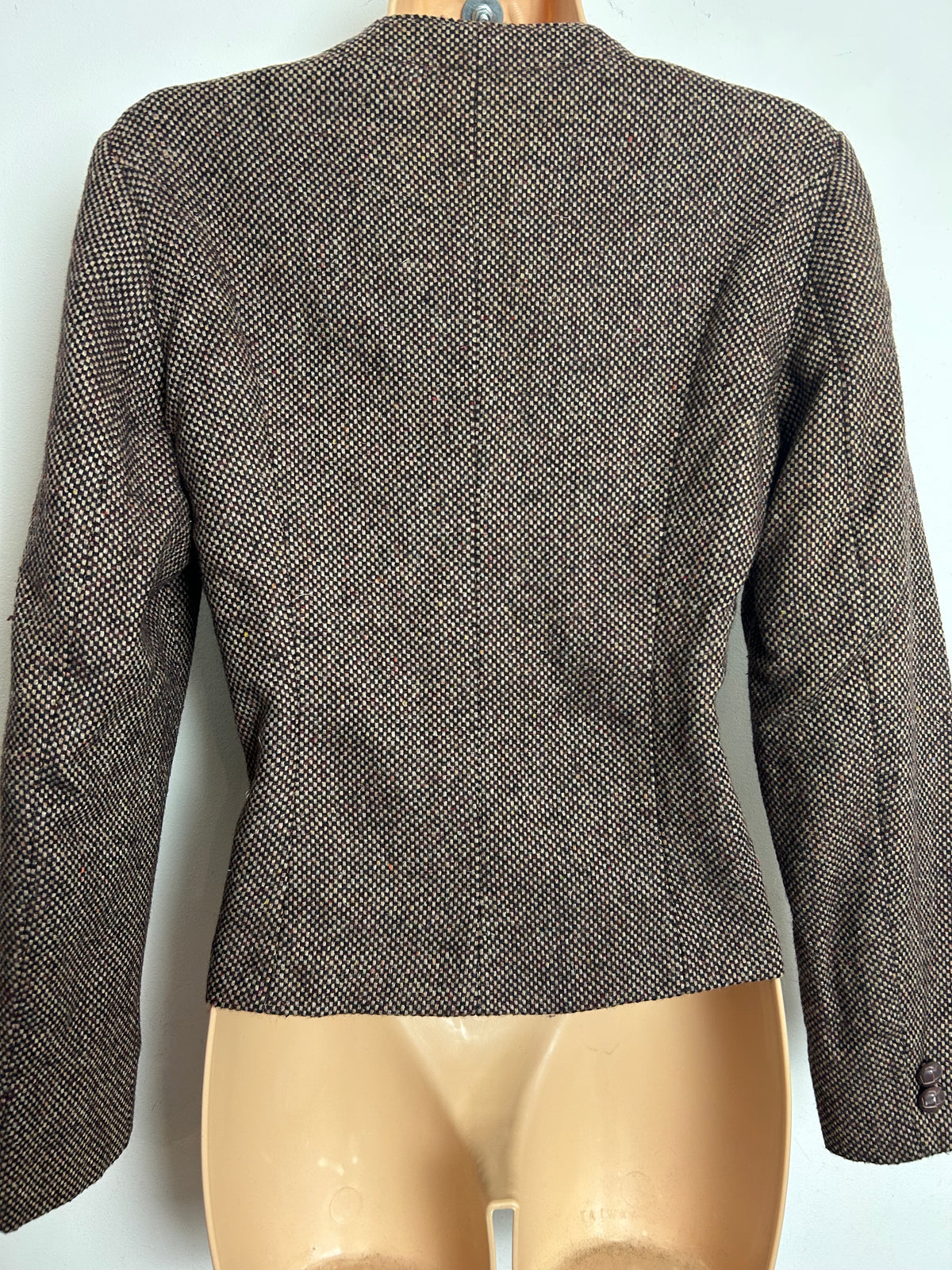 Vintage 1980s PLUM TREE CANADA Size 10 Brown Tweed Wool Mix Collarless Blazer
