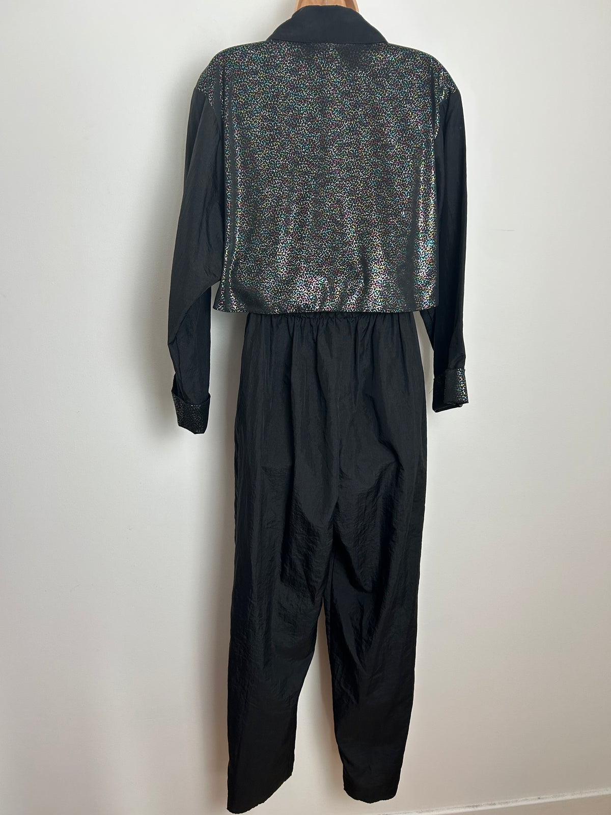 Vintage 1980s Size 12 Black & Metallic Multicolour Mock Waistcoat Style Belted Disco Jumpsuit