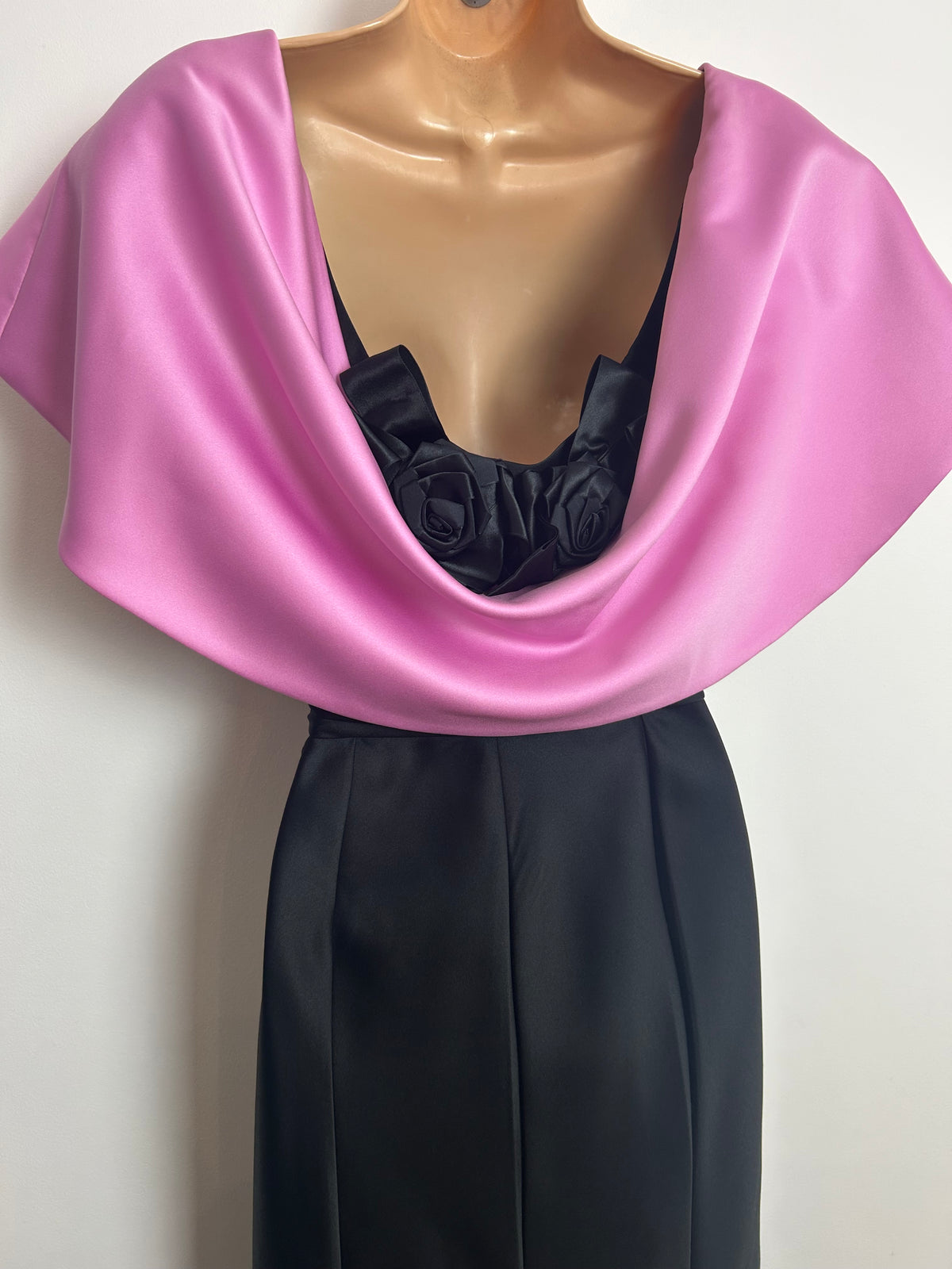 Vintage 1980s FRANK USHER Size 14 Black & Pink Low Back Shawl Collar Cocktail Gown