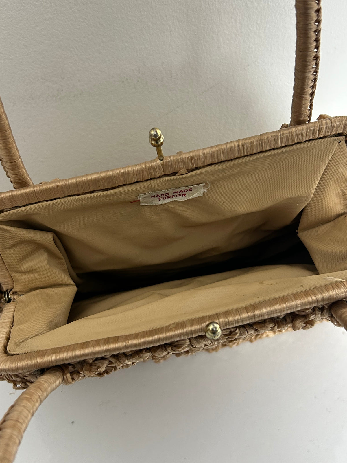Vintage 1950s Handmade Beige Woven Raffia Style Top Handle Handbag