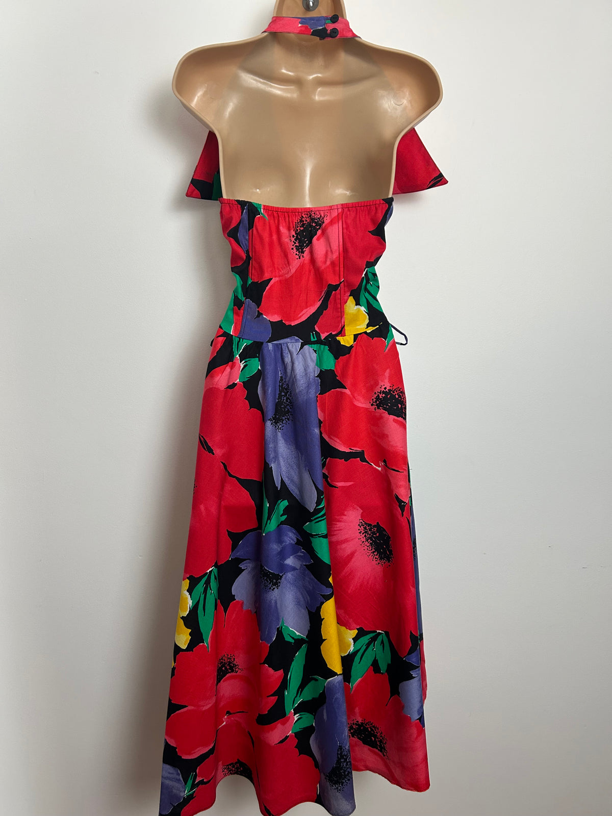 Vintage 1980s Size 8 Black Red & Yellow Wide Collared Halter Neck Summer Prom Dress