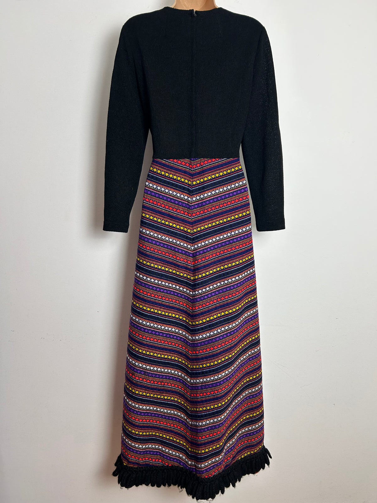 Vintage 1970s BERKERTEX Size 12 Black Red Purple Blue Wool Mix Maxi Dress