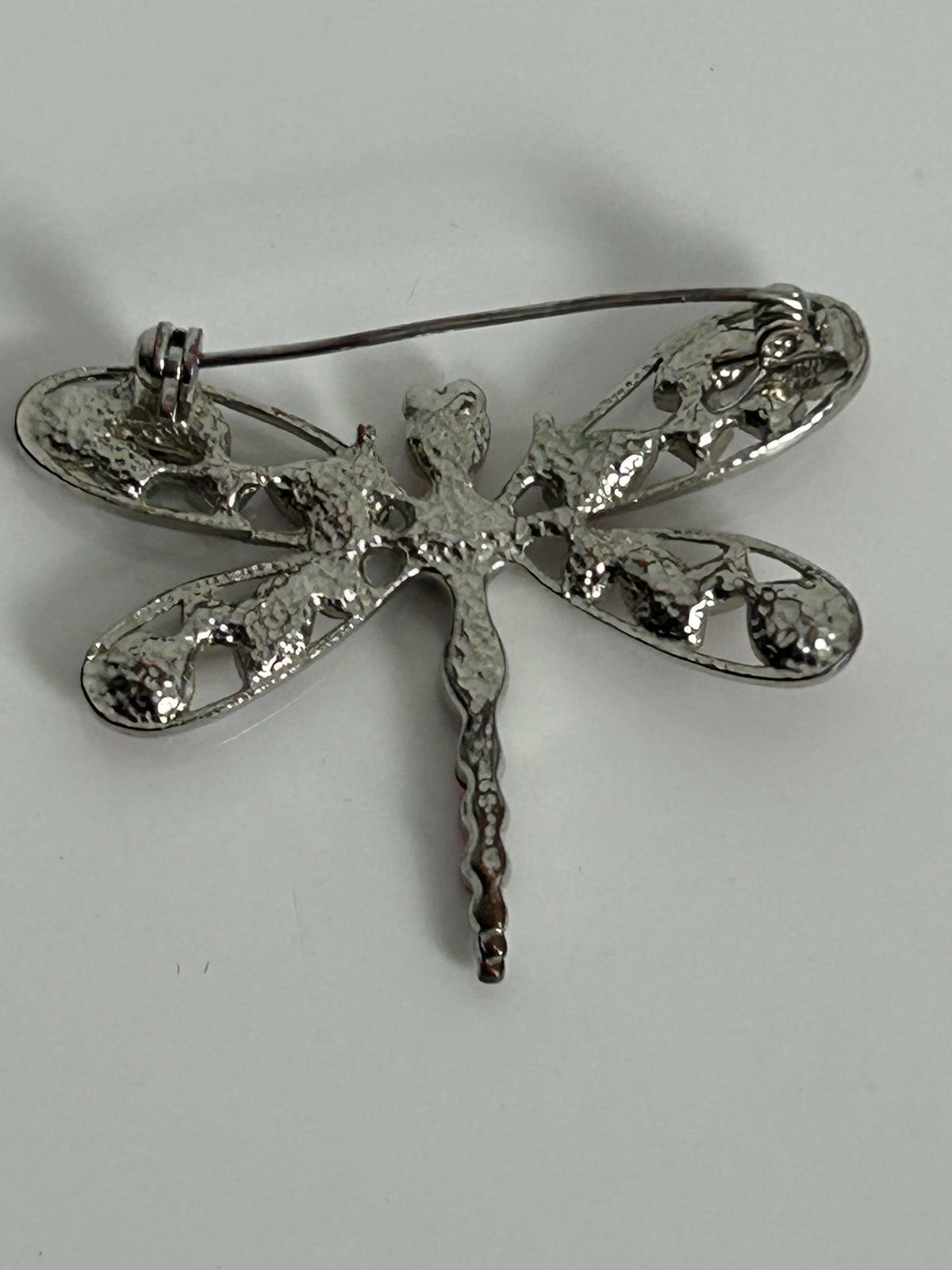 Vintage 1980s Silver Tone & Pink Diamante Rhinestone Dragonfly Brooch