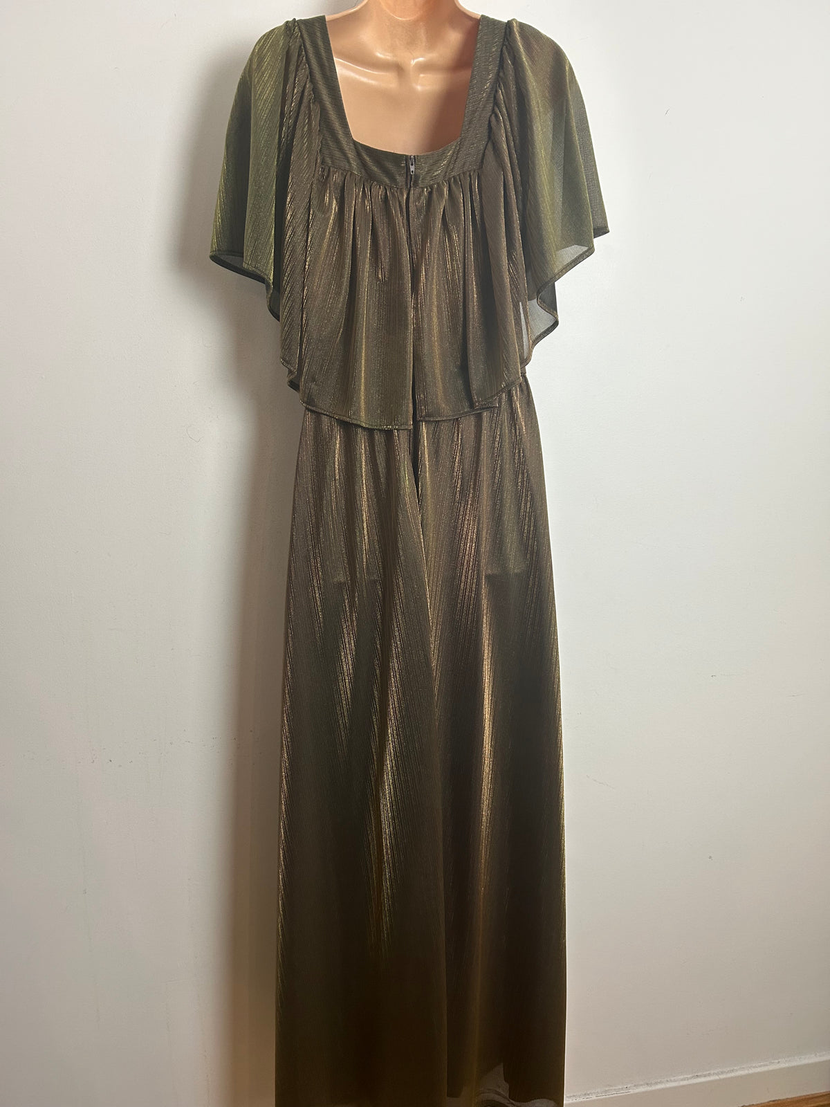Vintage 1970s Size 14 Dark Shimmery Gold Cape Sleeve Occasion Maxi Dress