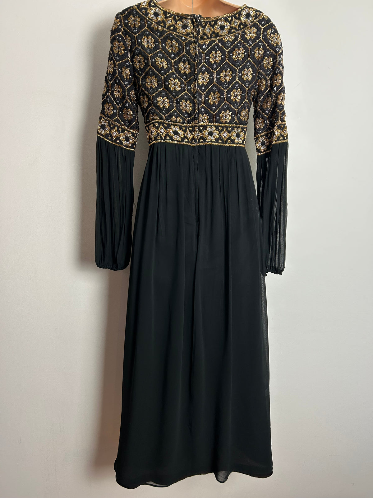 Vintage 1970s UK Size 10 Black Gold & Silver Brocade & Chiffon Crepe Occasion Evening Maxi Dress