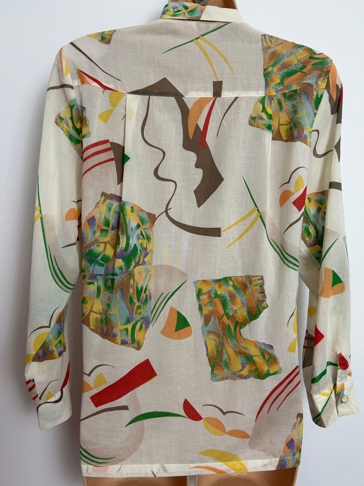 Japanese Vintage Early 1980s Size 14 Cream Red Green Yellow Abstract Print Cotton Long Sleeve Shirt