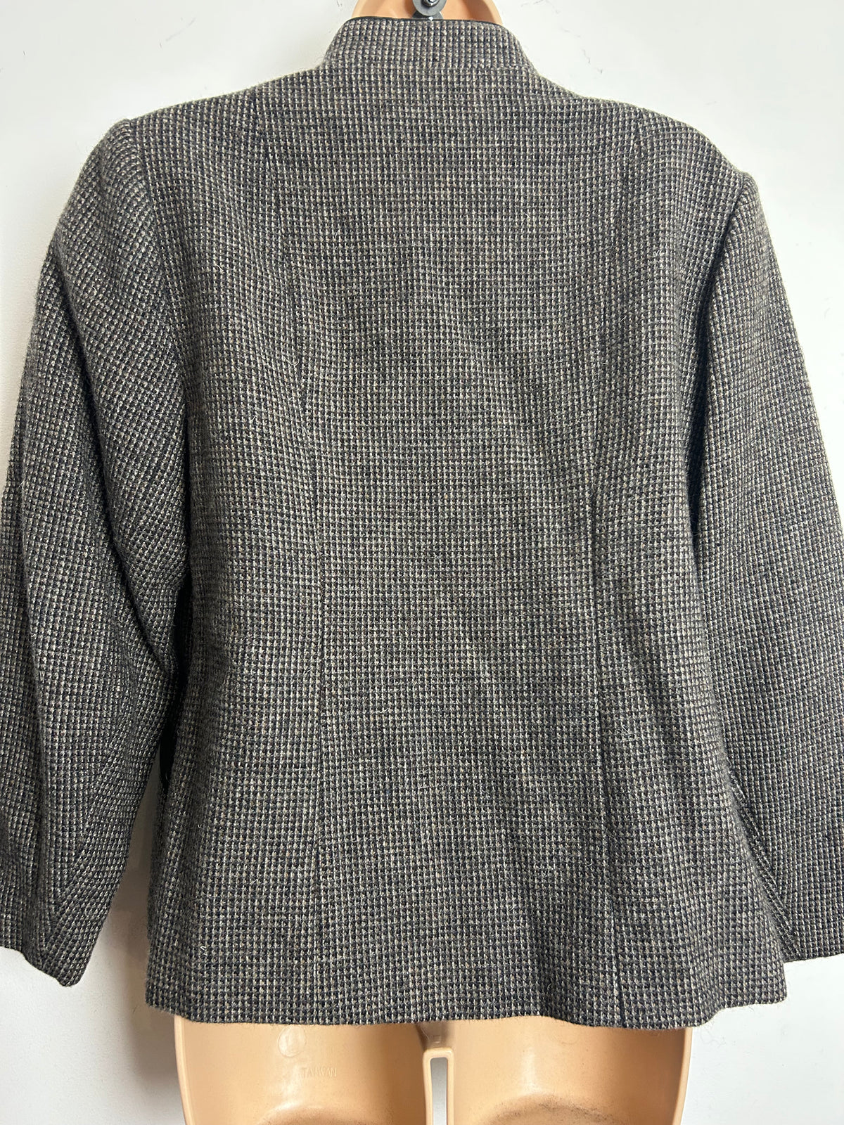 Vintage 1990s Italian Size 12 Dark Brown Tweed Wool Open Fronted Collarless Jacket Blazer