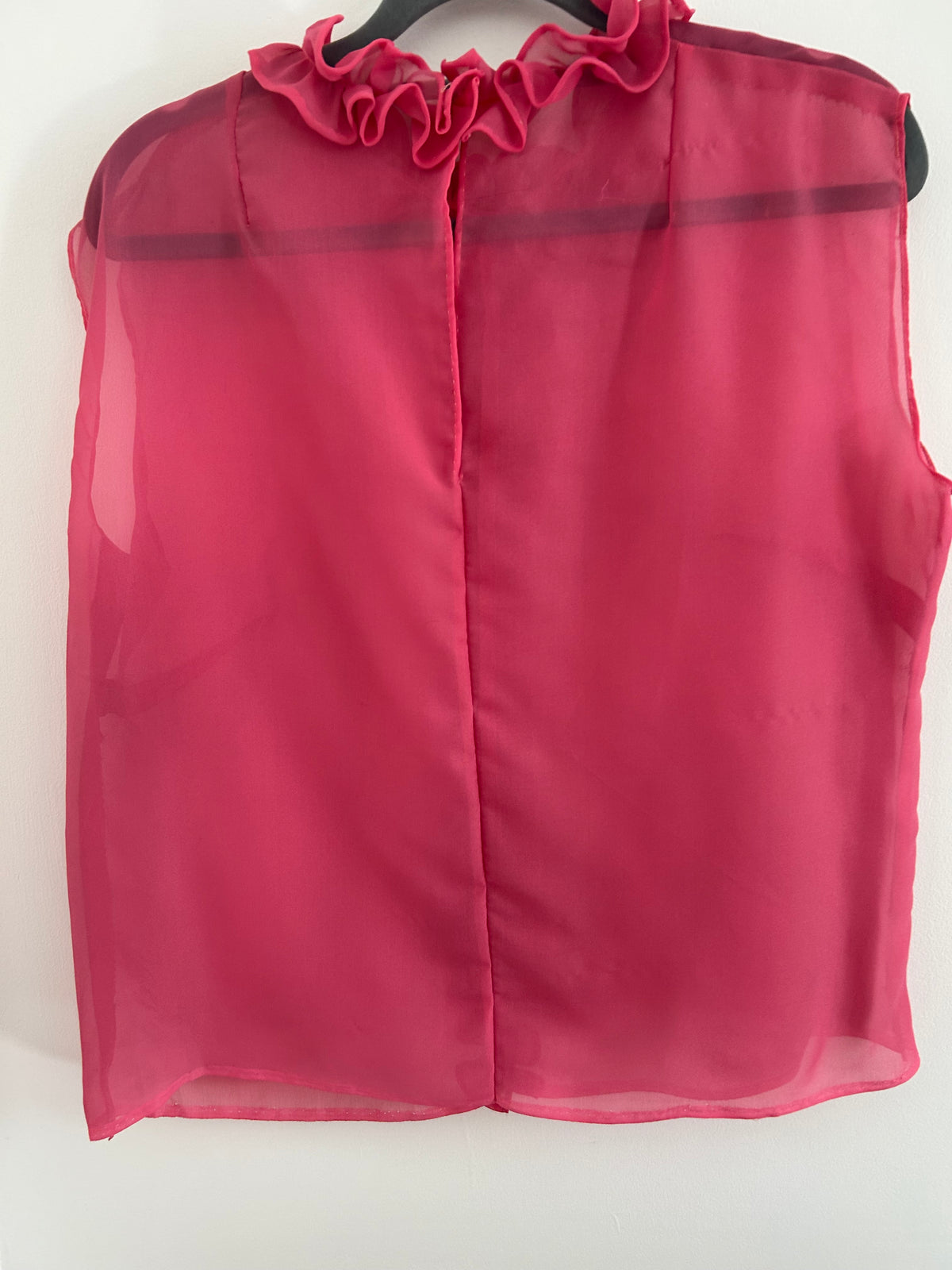 Vintage 1960s Size 14 Candy Pink Sleeveless Ruffle Trim Semi Sheer Lightweight Blouse Top