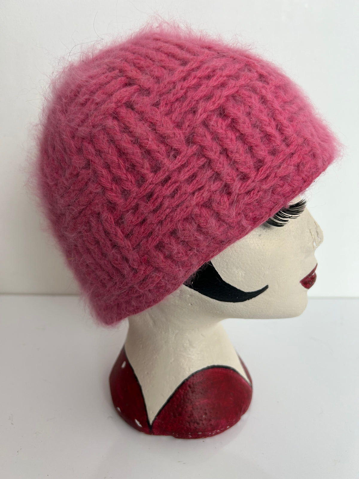 Vintage Pink Wool & Angora Mix Chunky Knit Reversible Beanie Hat