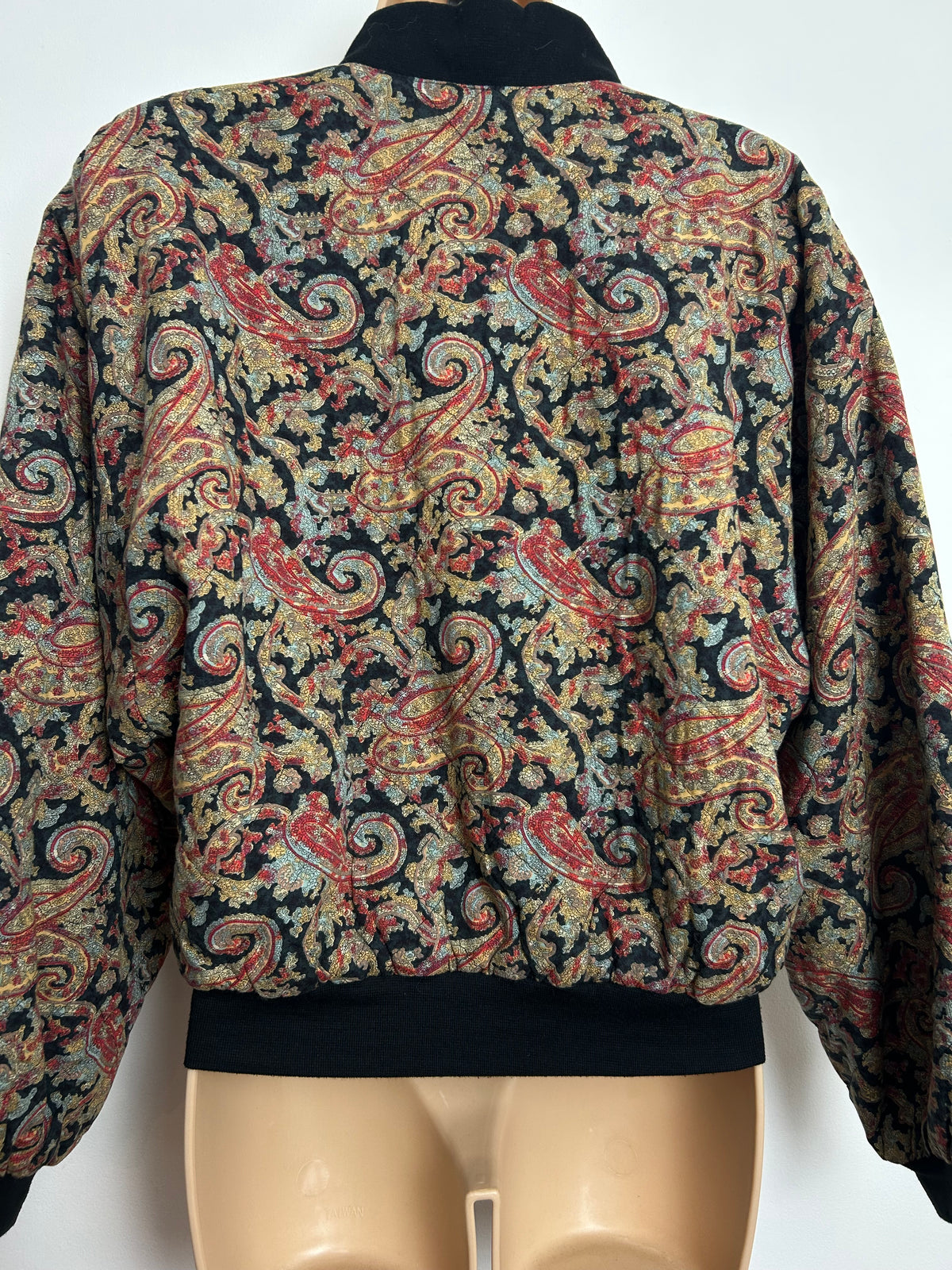 Vintage 1980s Size 12-14 Black Red & Pale Blue Paisley Print Oversized Bomber Jacket