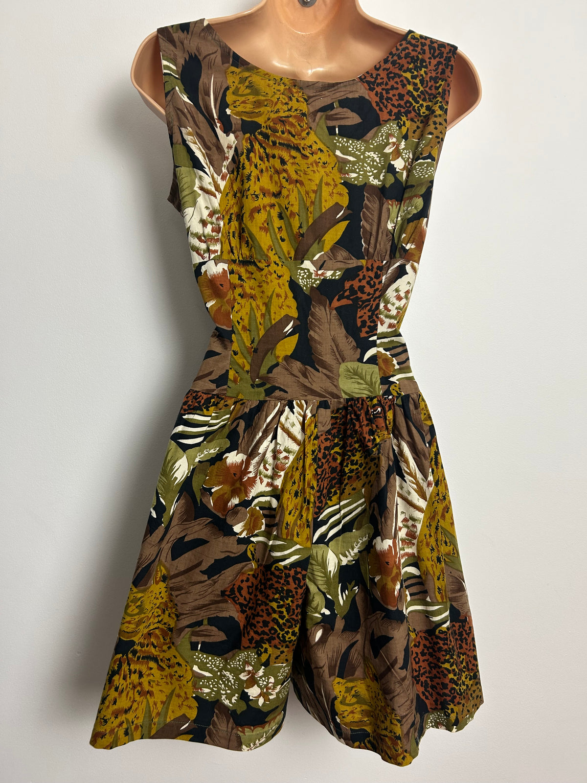 Vintage 1980s Size 10 Brown & Green Tones Jungle Print Cotton Romper/Playsuit
