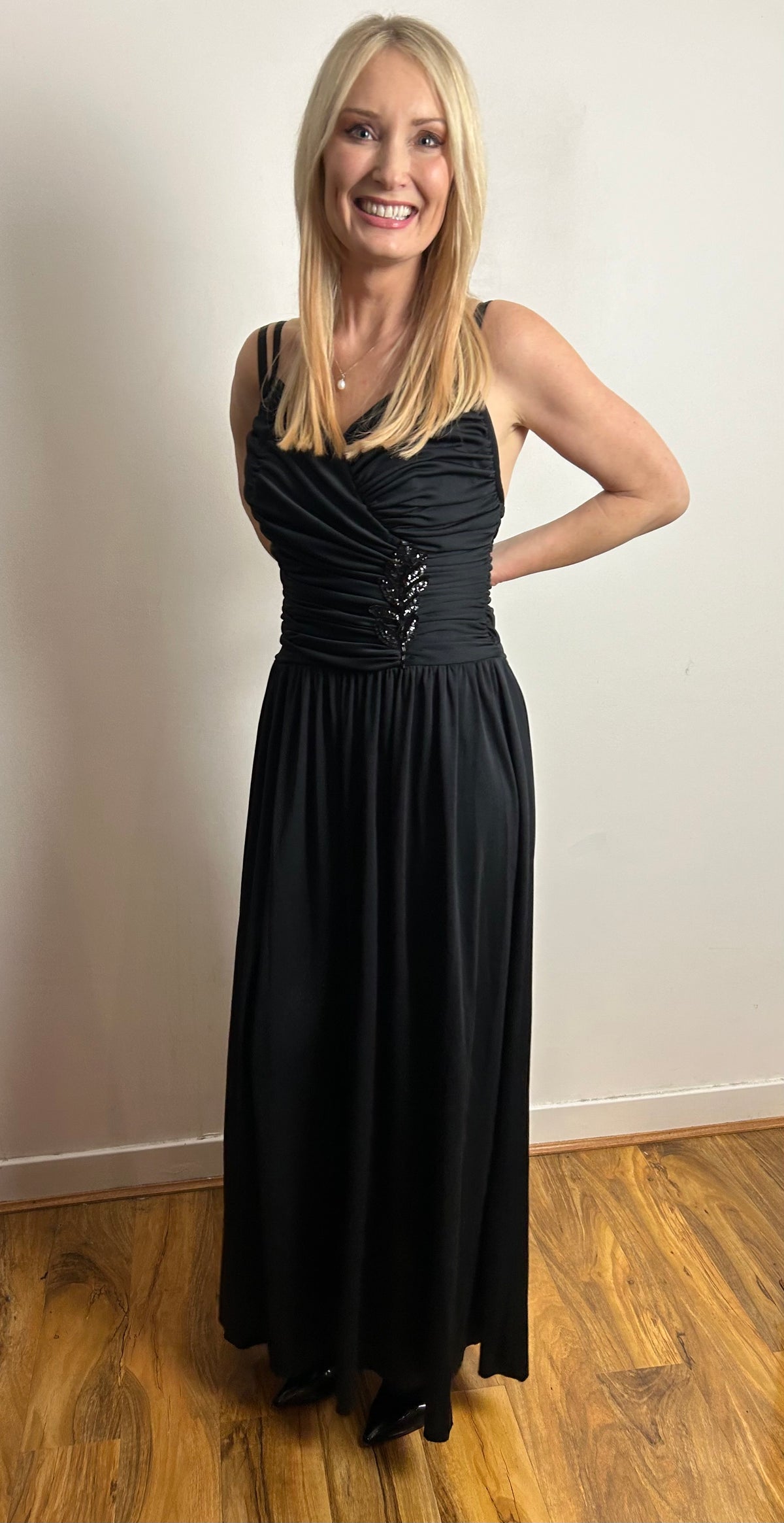 Vintage Late 1970s UK Size 8 Black Ruched & Sequin Detail Evening Occasion Maxi Dress