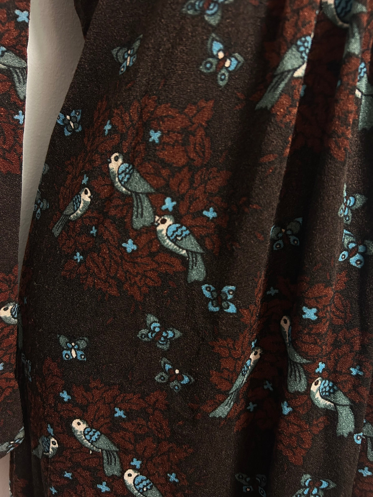 Vintage 1970s ST ANDRE Size 10 Brown Tones Bird & Butterfly Novelty Print Long Sleeve Maxi Dress With Finger Loops