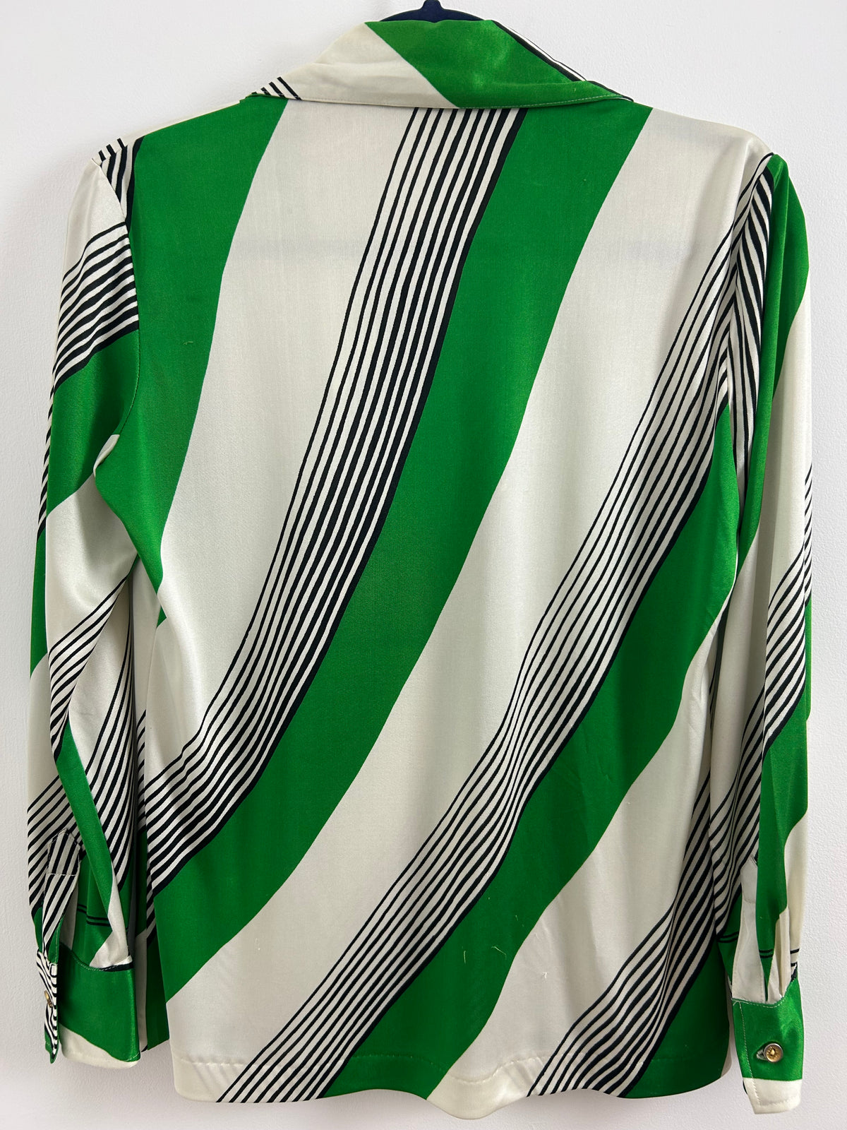 Japanese Vintage 1970s Size 12-14 Green Beige & Black Diagonal Stripe Print Dagger Collar Long Sleeve Shirt