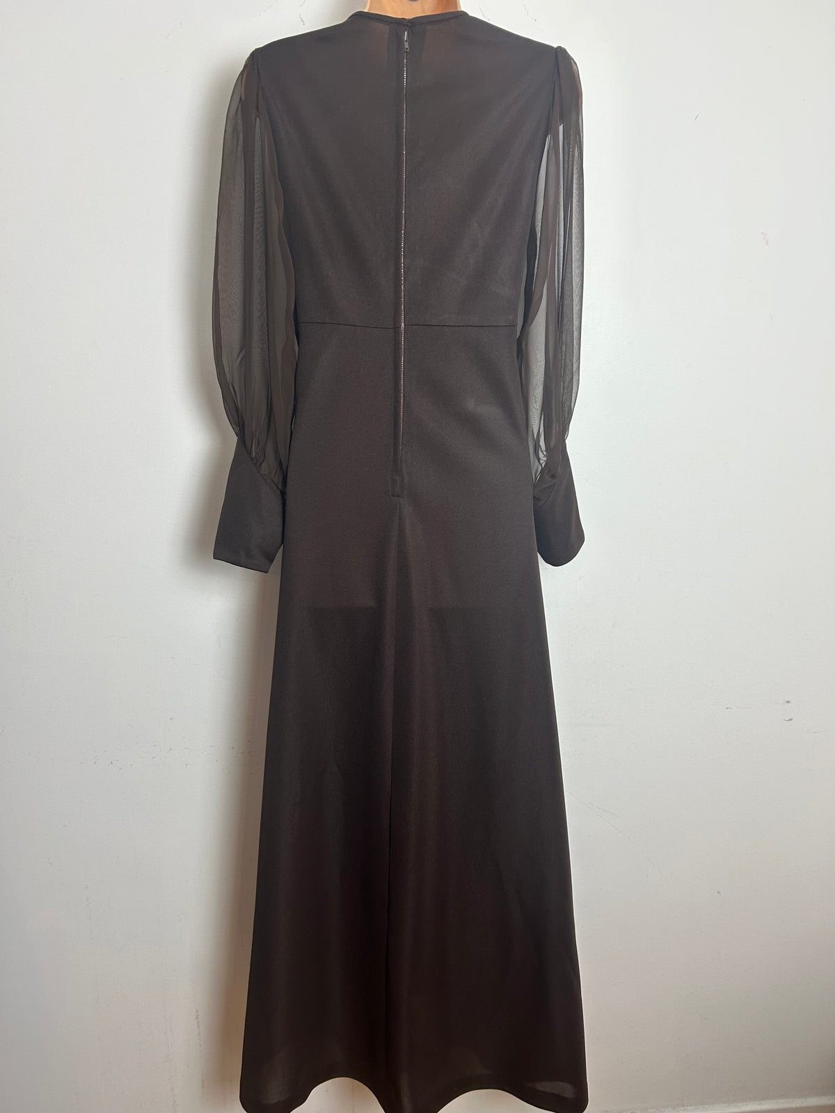 Vintage 1970s Size 10 Chocolate Brown Illusion Neck Long Sleeve Occasion Maxi Dress