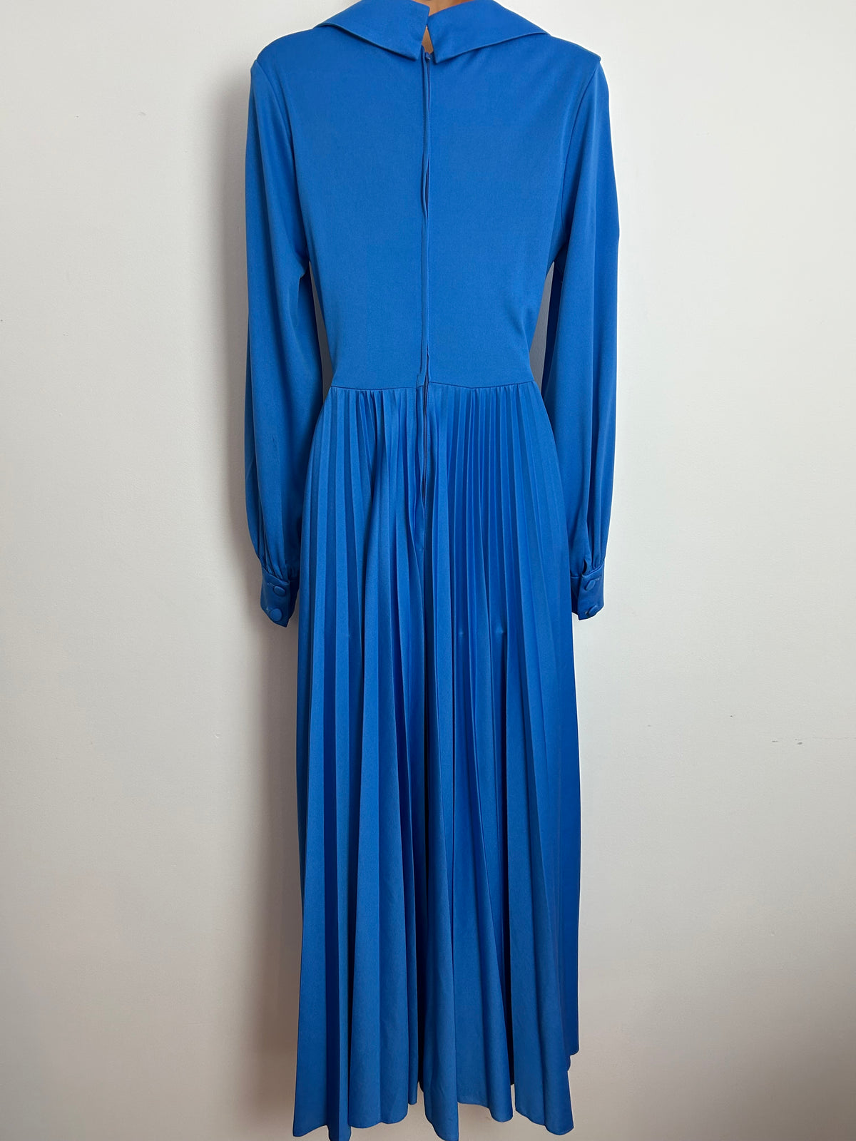 Vintage 1970s MARJON COUTURE Blue Pleated Long Sleeve Maxi Dress Size 10