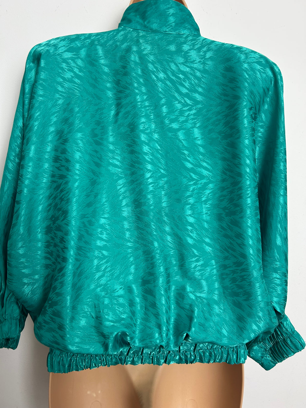 Vintage 1980s MARCO PECCI Size 14-16 Jade Green Animal Print Patterned Bat Wing Blouse